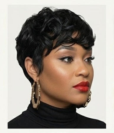Short Pixie Cut Human Hair Blend Wig Bangs